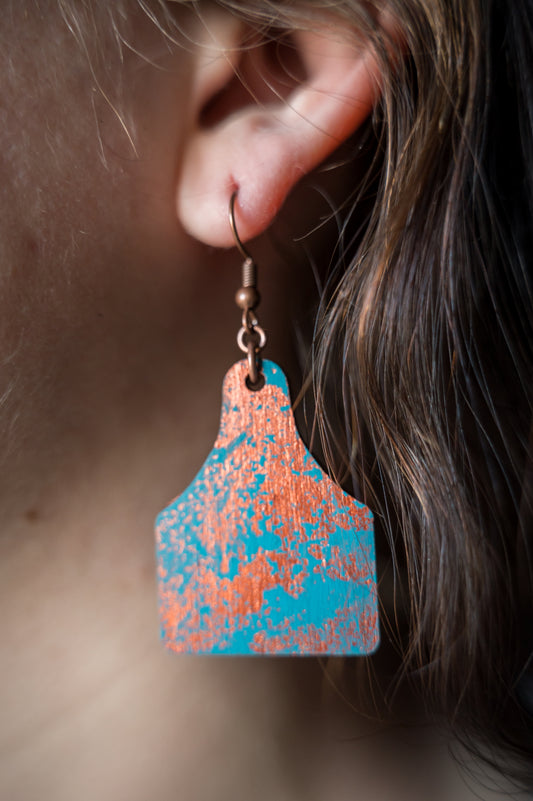 Ear tag copper patina earrings