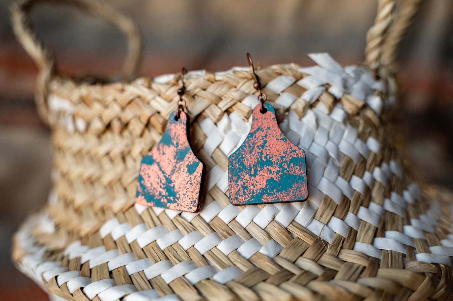 Ear tag copper patina earrings