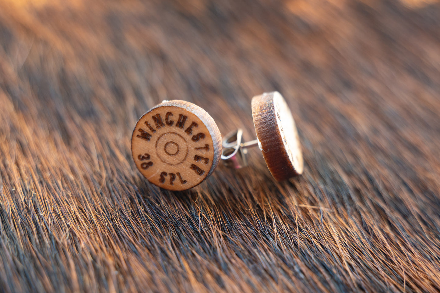 Wood engraved button earrings