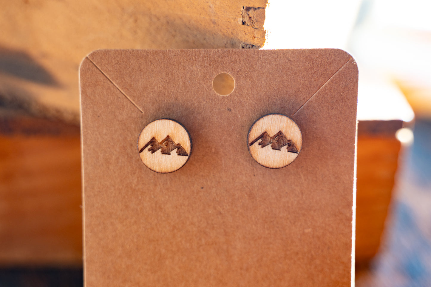 Wood engraved button earrings