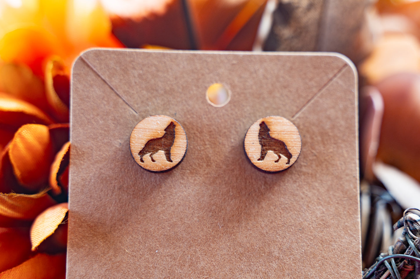 Wood engraved button earrings