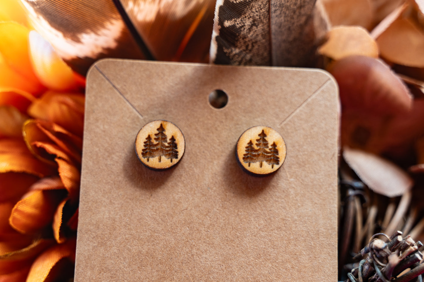 Wood engraved button earrings