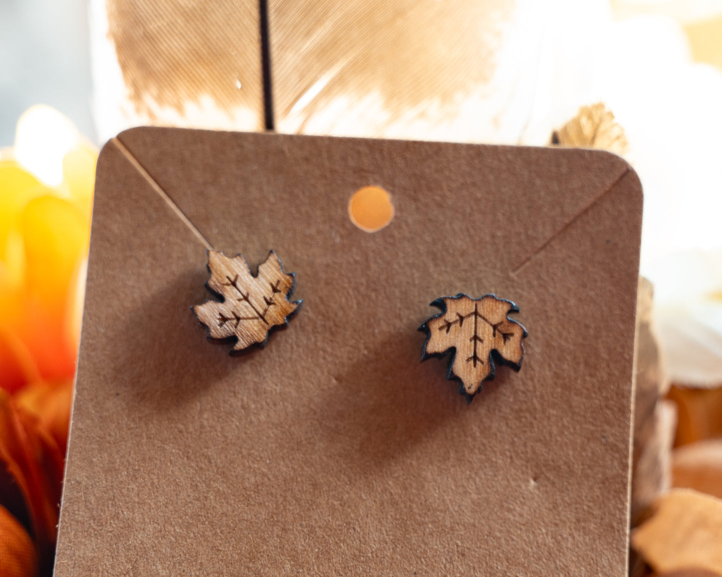 Wood engraved button earrings